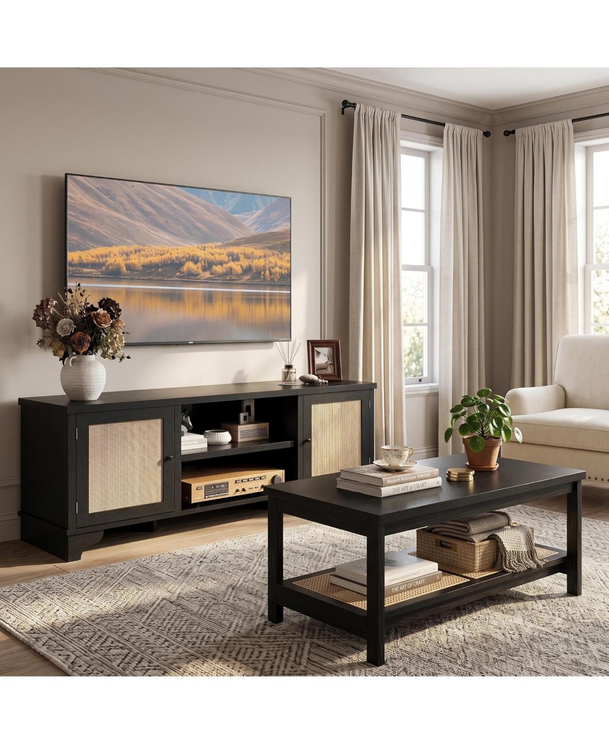 gaomon Living Room Table Set of 2, 62" Rattan Tv Stand Fits 65" and 2-Tier Coffee