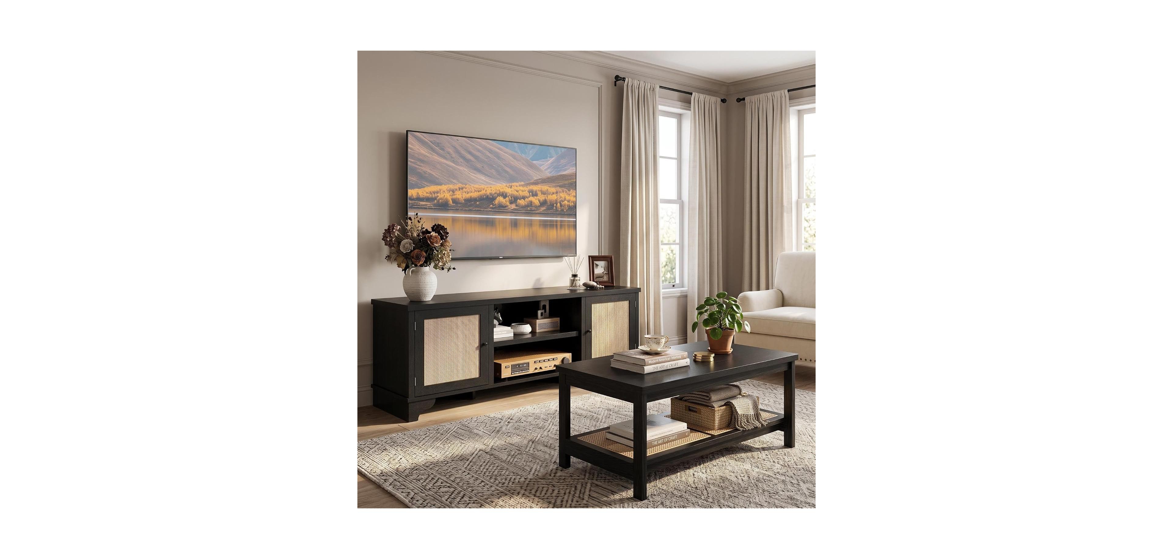 gaomon Living Room Table Set of 2, 62" Rattan Tv Stand Fits 65" and 2-Tier Coffee
