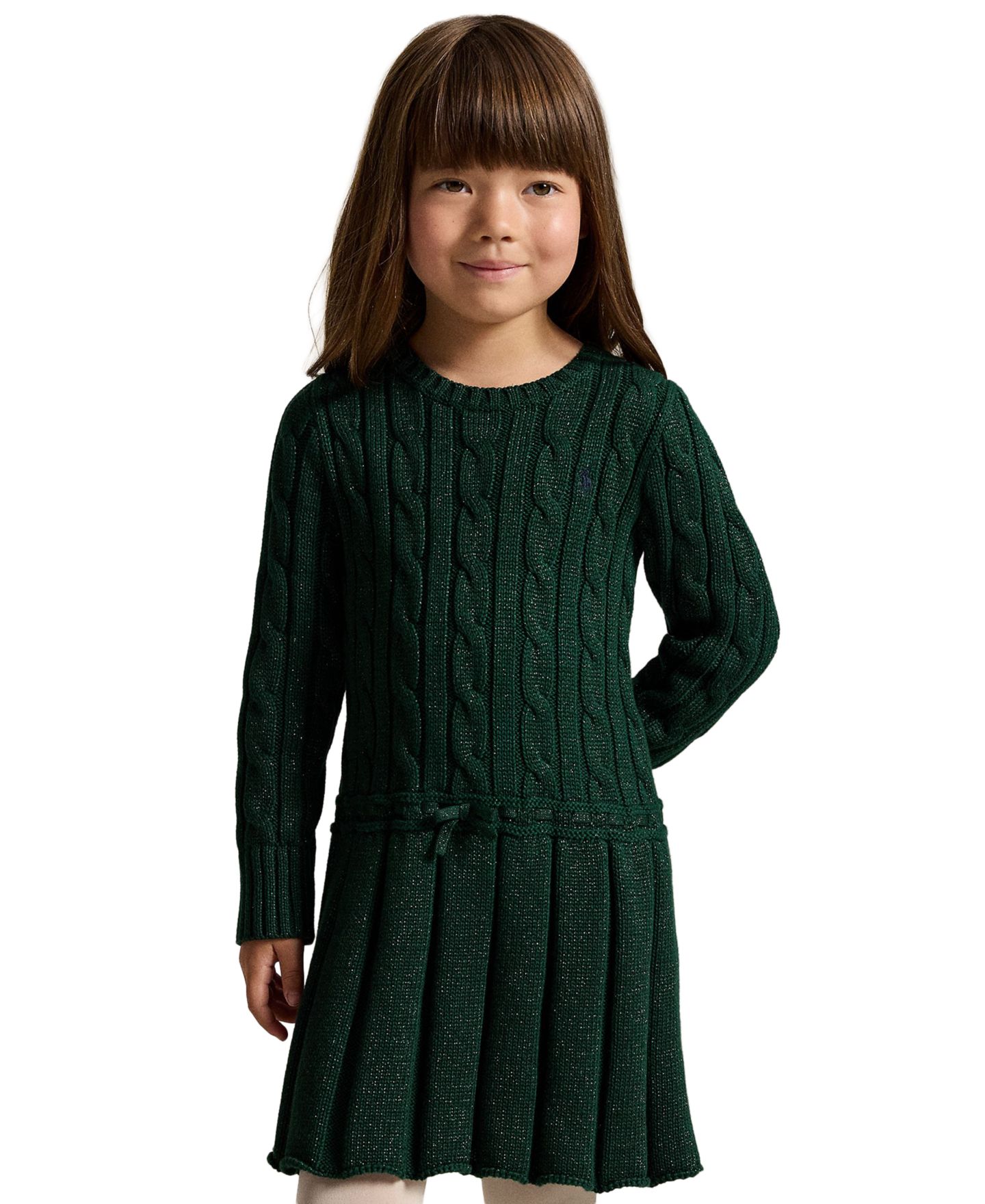 Платье Polo Ralph Lauren Metallic Cable-Knit Cotton Sweater Dress для девочек, цвет: Мох — фото 1