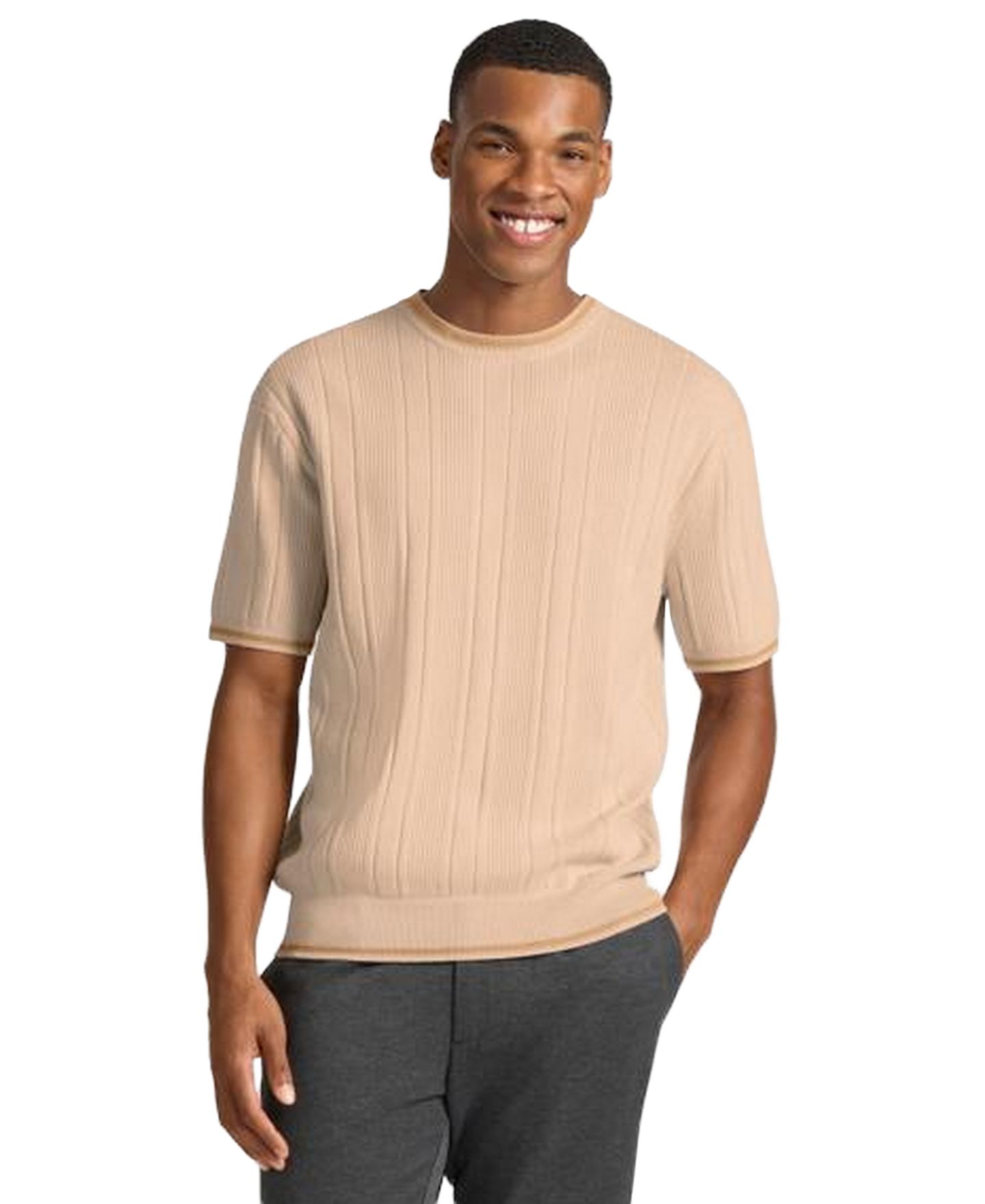 Мужской свитер Ted by Ted Baker Grosvenor Short-Sleeve Cotton Ribbed Crewneck, цвет: Бежевый — фото 1