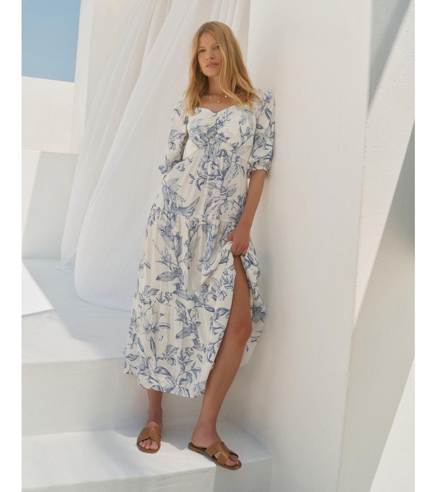 Women's Floral-Print Dropped-Waist Short-Sleeve Maxi Dress