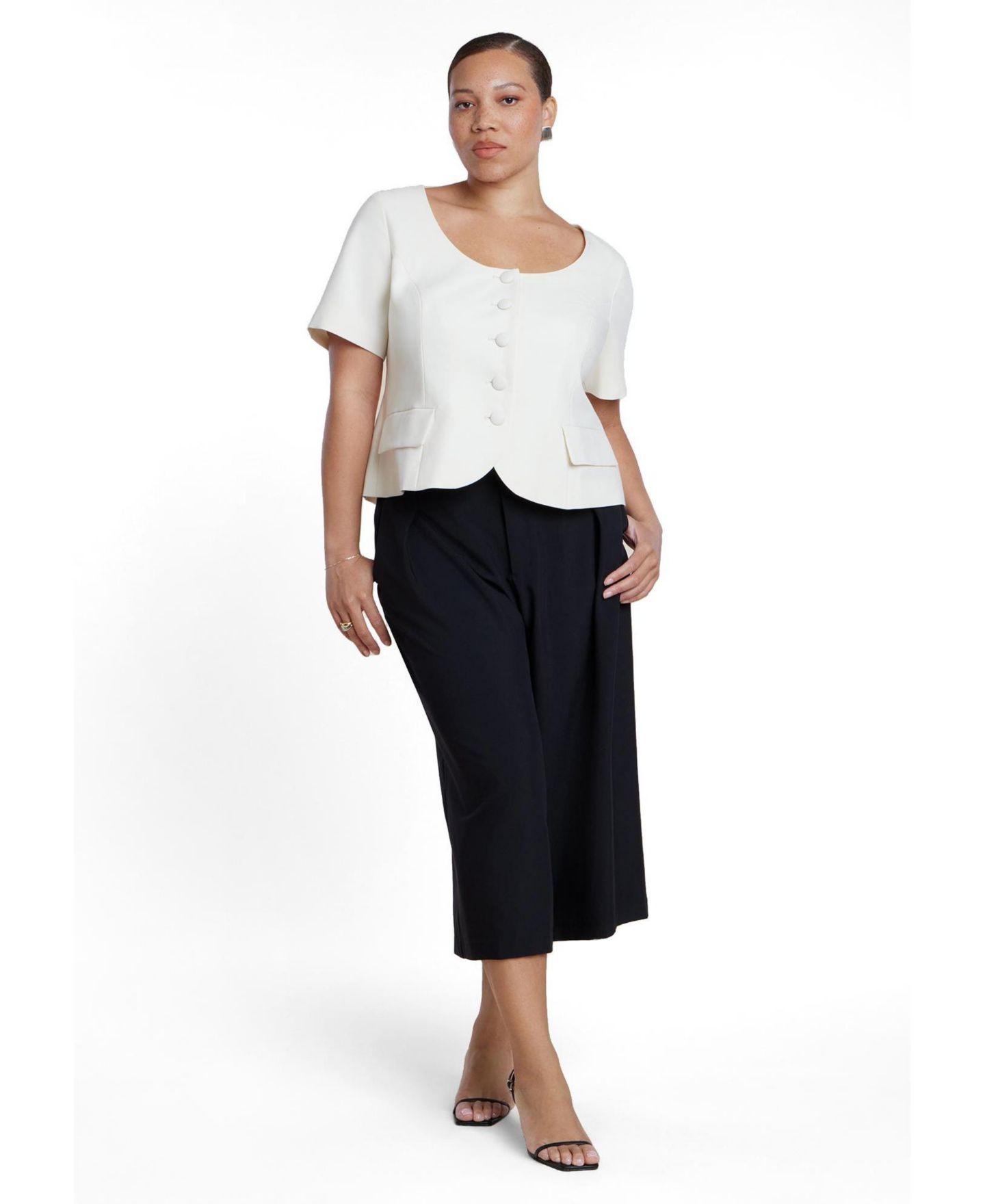Женский пиджак ELOQUII Plus Size Cinched Waist Short-Sleeve Scoop Neck Blazer, цвет: Кремовый — фото 3