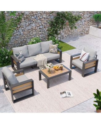 Outdoor Patio Conversation Set Durable Aluminum Sofas, Plush Cushions, Wood Texture Table Weatherproof