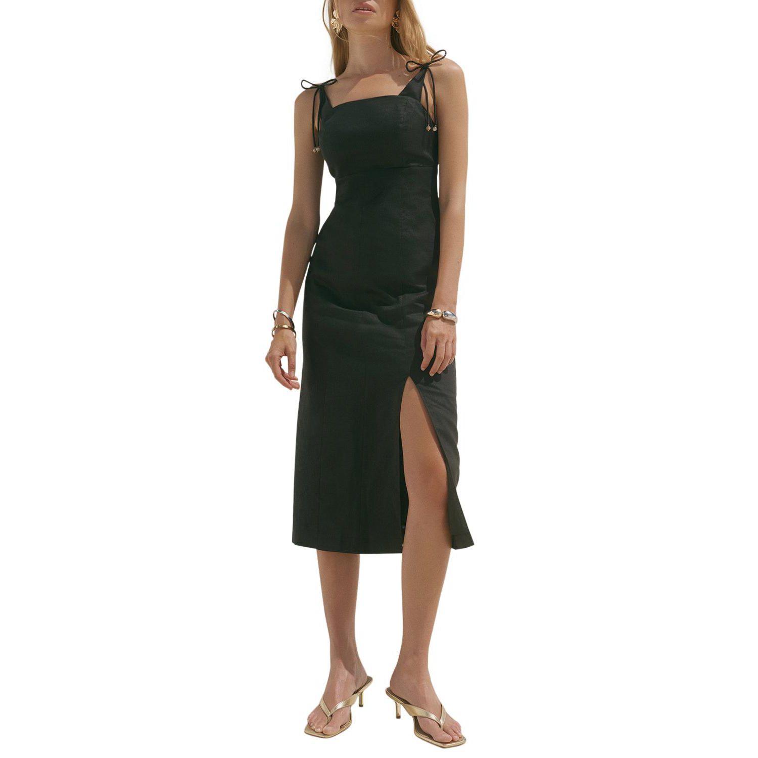 Women's Linen Square-Neck Bow-Detail Midi Dress