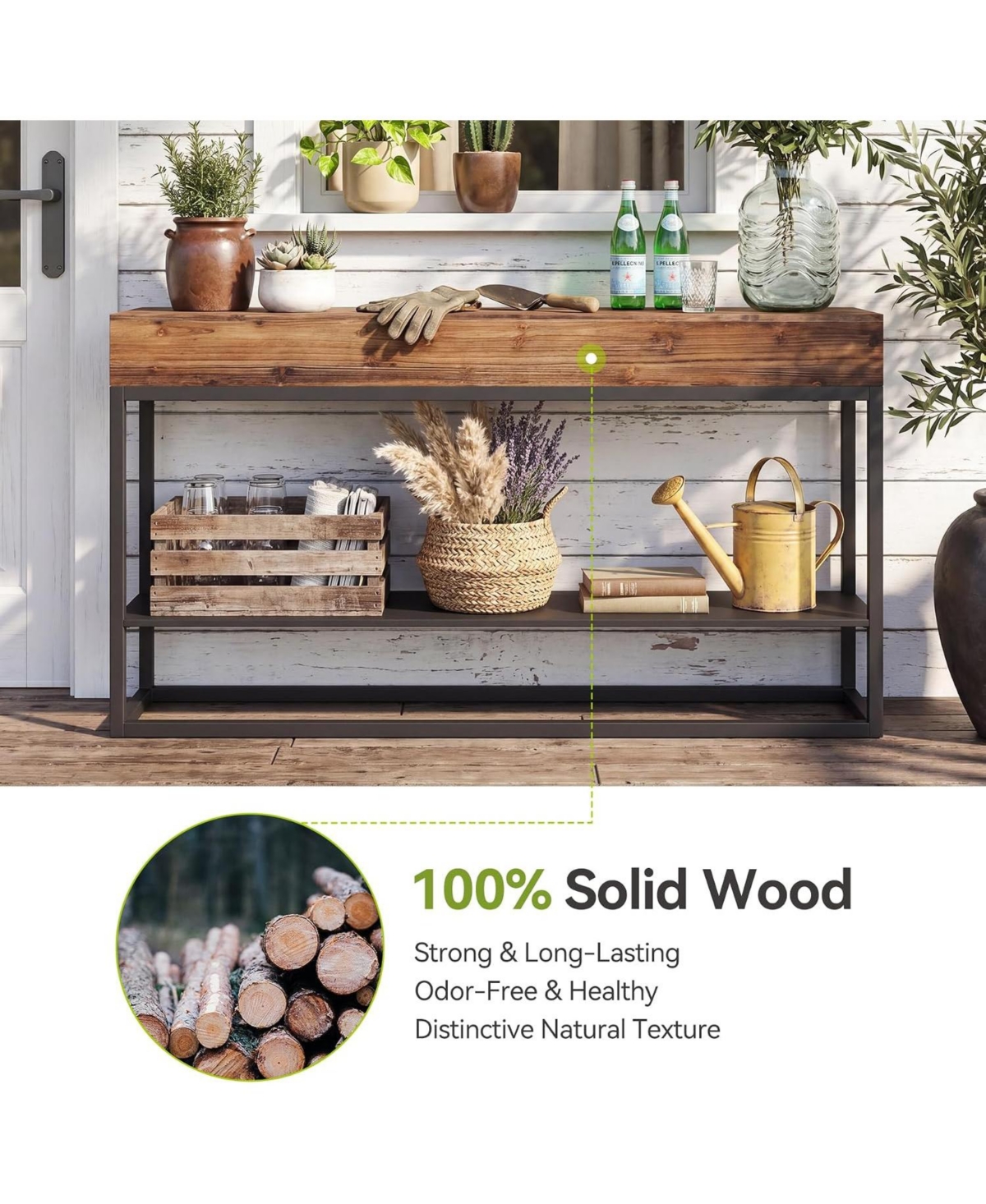Tribesigns 63" Solid Wood Narrow Console Table, 3-Tier Storage Shelves