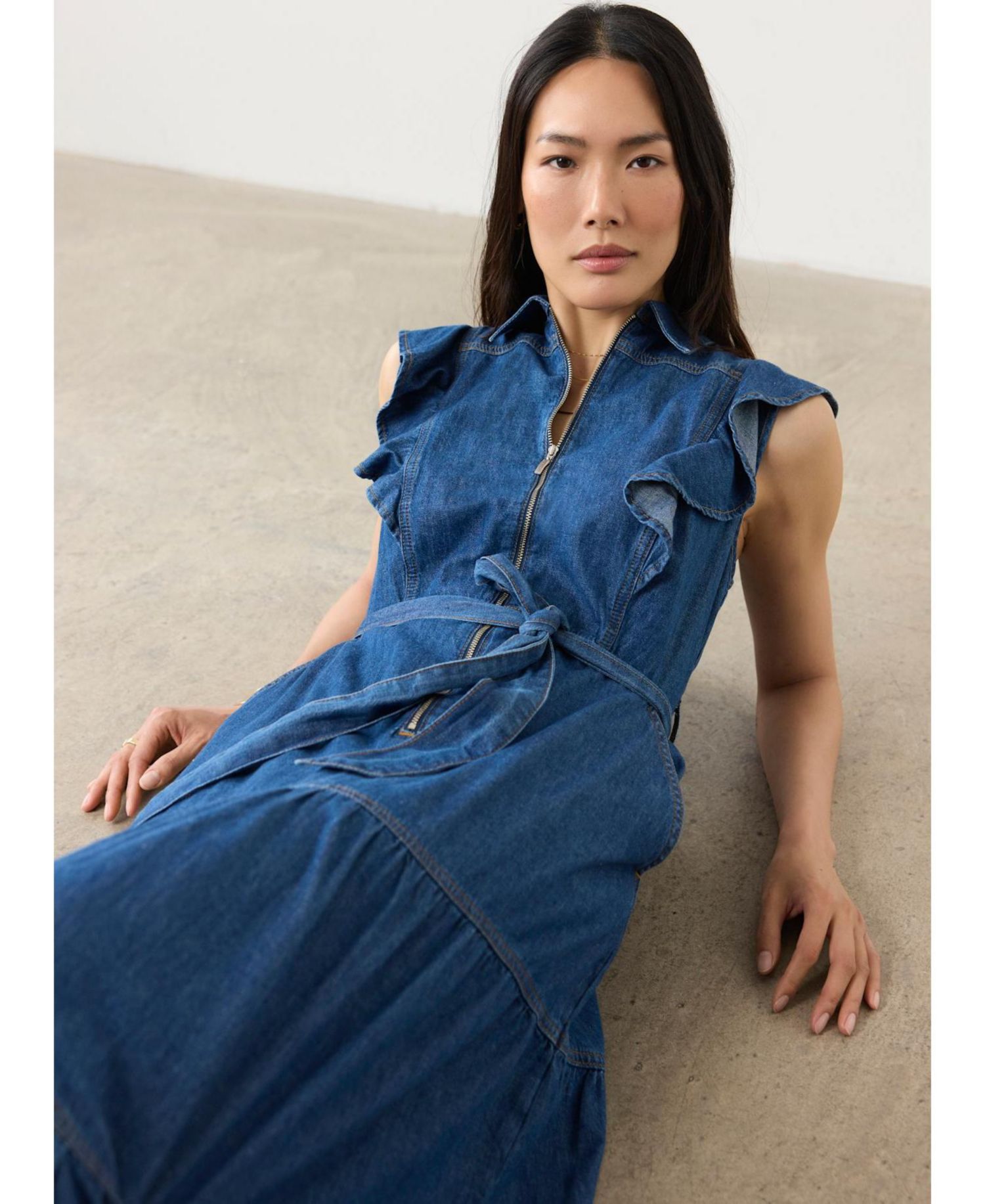 Women's Denim Ruffle Maxi Shirt Dress