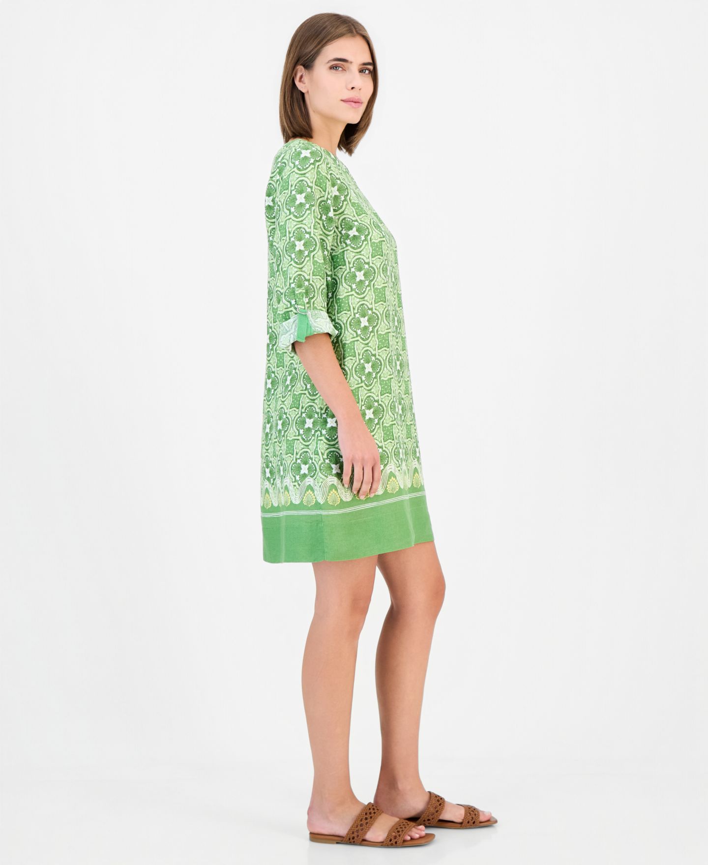 Женское платье Charter Club Scoop Neck 3/4-Sleeve with Roll-Tab 100% Linen, цвет: Antigua Placement Treetop — фото 3