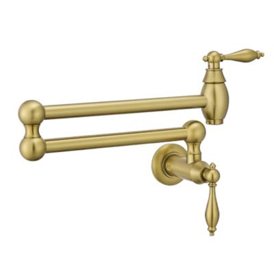 Wall Mount Brass Pot Filler Faucet with Dual Joint Swing Arms, Dual Handles, 360degree(s) Swivel Kitchen Faucet