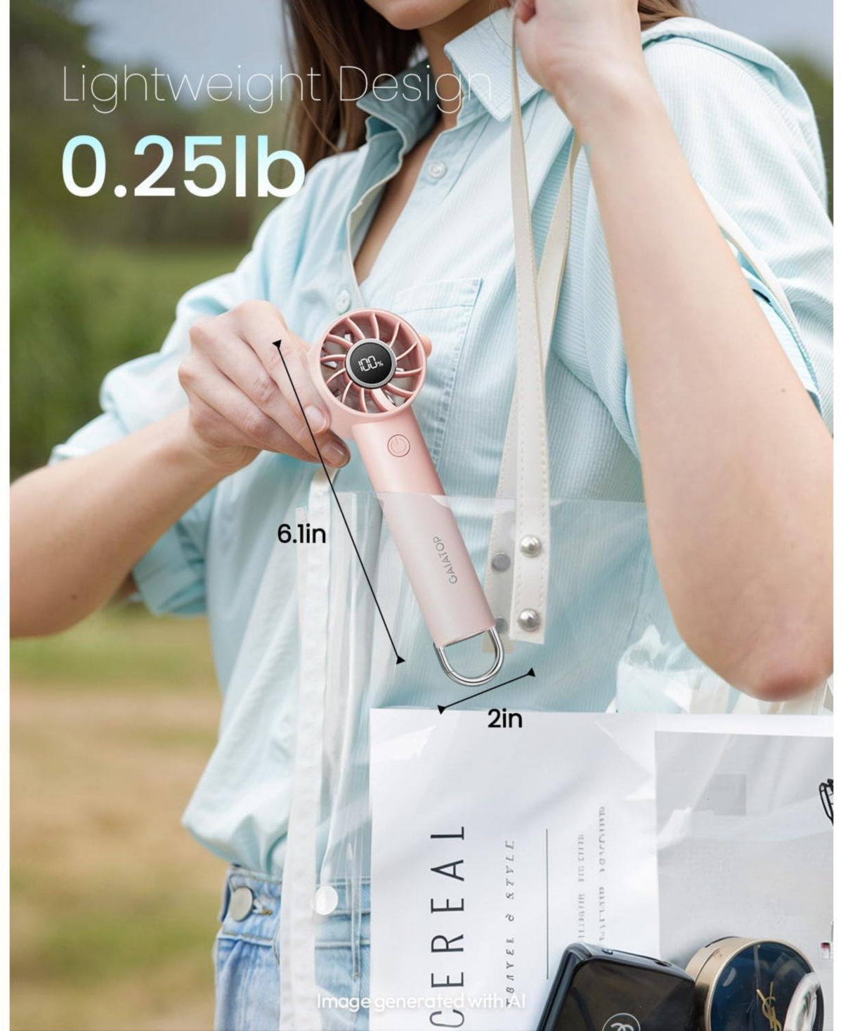 Gaiatop Portable Mini Fan, 3 Speed Handheld Fans with Power Display Flashlight, Usb Rechargeable Battery