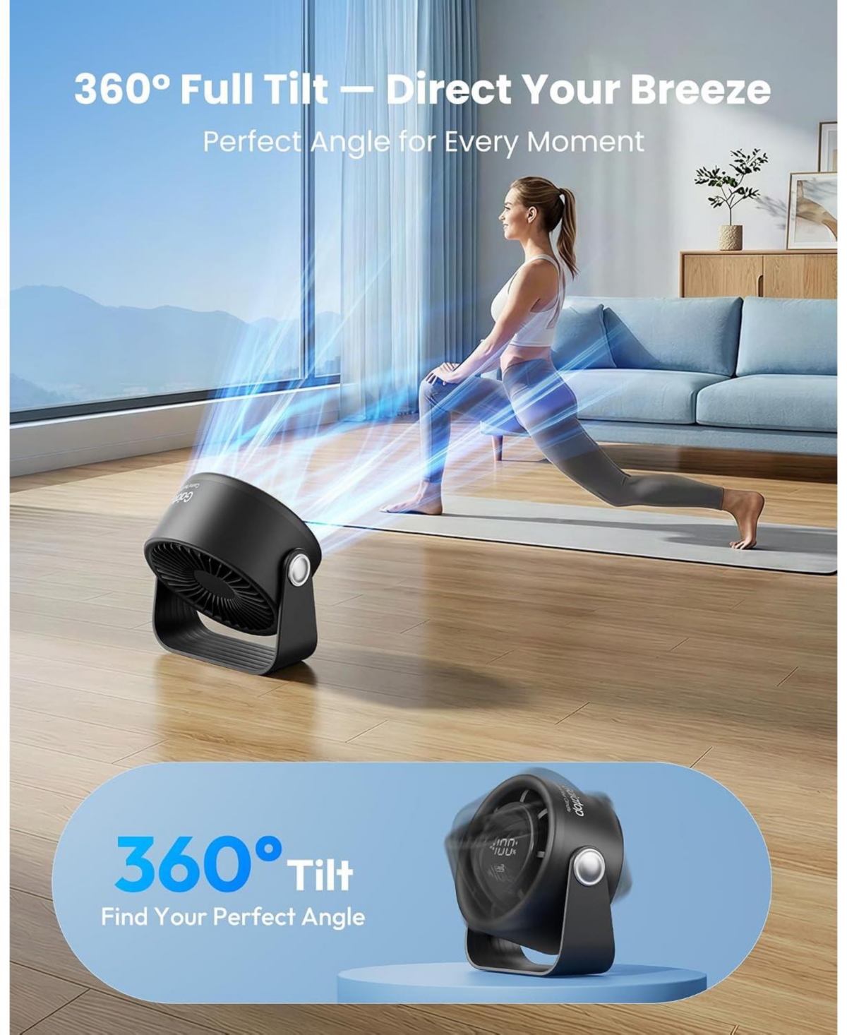 Gaiatop Small Desk Fan Rechargeable, Quiet Personal Table Fan, Touch Control Display, 360degree(s) Tilt, 5-Speed Strong Wind, 4000mAh Battery
