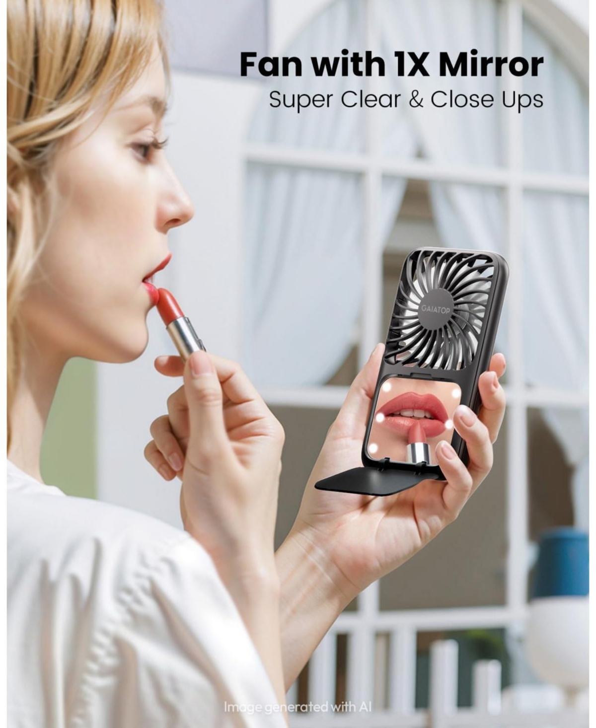 Gaiatop Portable Handheld Fan, 3 Speed Led Makeup Mirror with Light, Folding Stand for Desktop, Rechargeable Mini Personal Fans