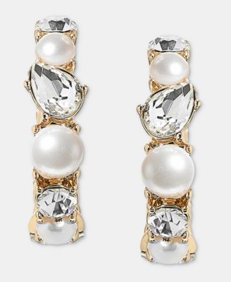Gold-Tone Imitation Pearl & Glass Crystal C Hoop Earrings