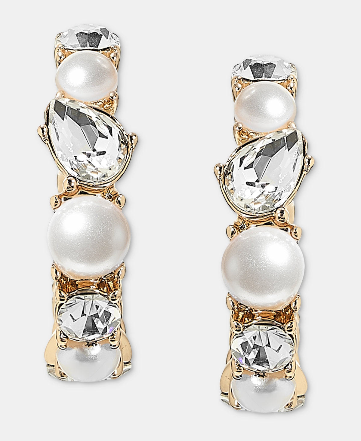 Anne Klein Gold-Tone Imitation Pearl & Glass Crystal C Hoop Earrings