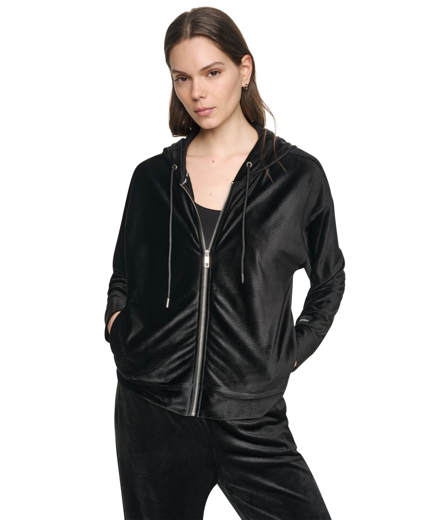 Женское худи DKNY Sport Full Zip Ribbed Super-Soft Velour, цвет: Чёрный — фото 1