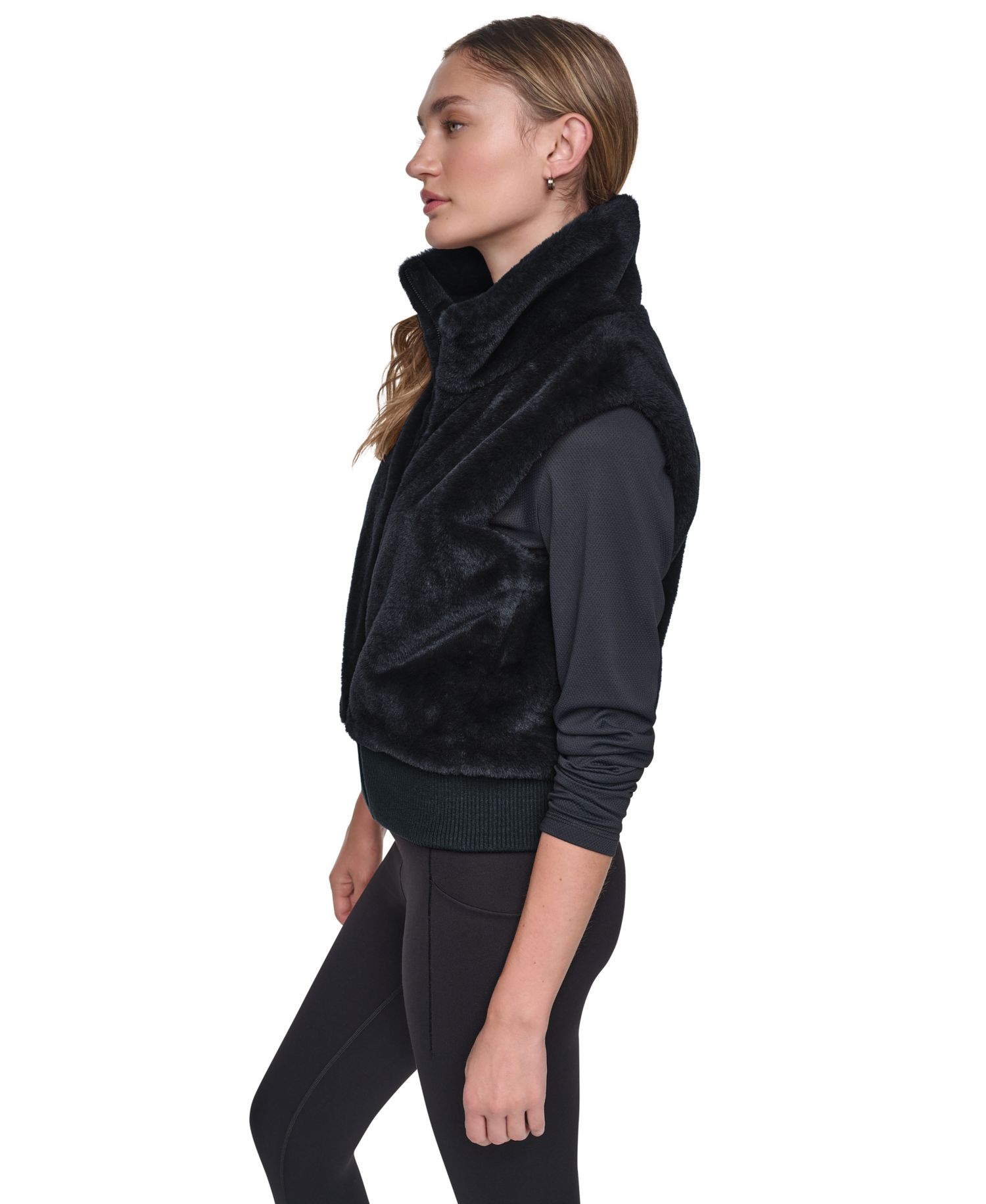 Women's Mock-Neck Ribbed-Knit Hem Faux Fur Vest