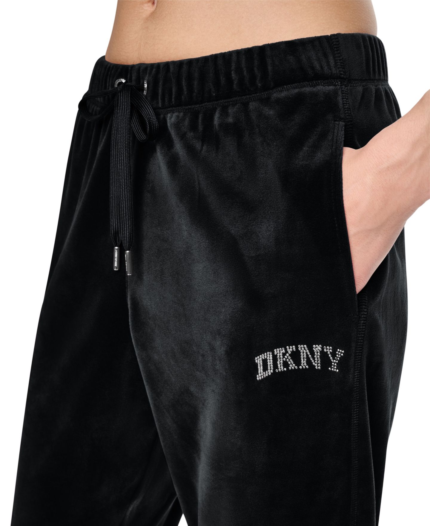 Женские брюки DKNY Sport Mid-Rise Super-Soft Velour Rhinestone Logo Jogger, цвет: Чёрный — фото 3