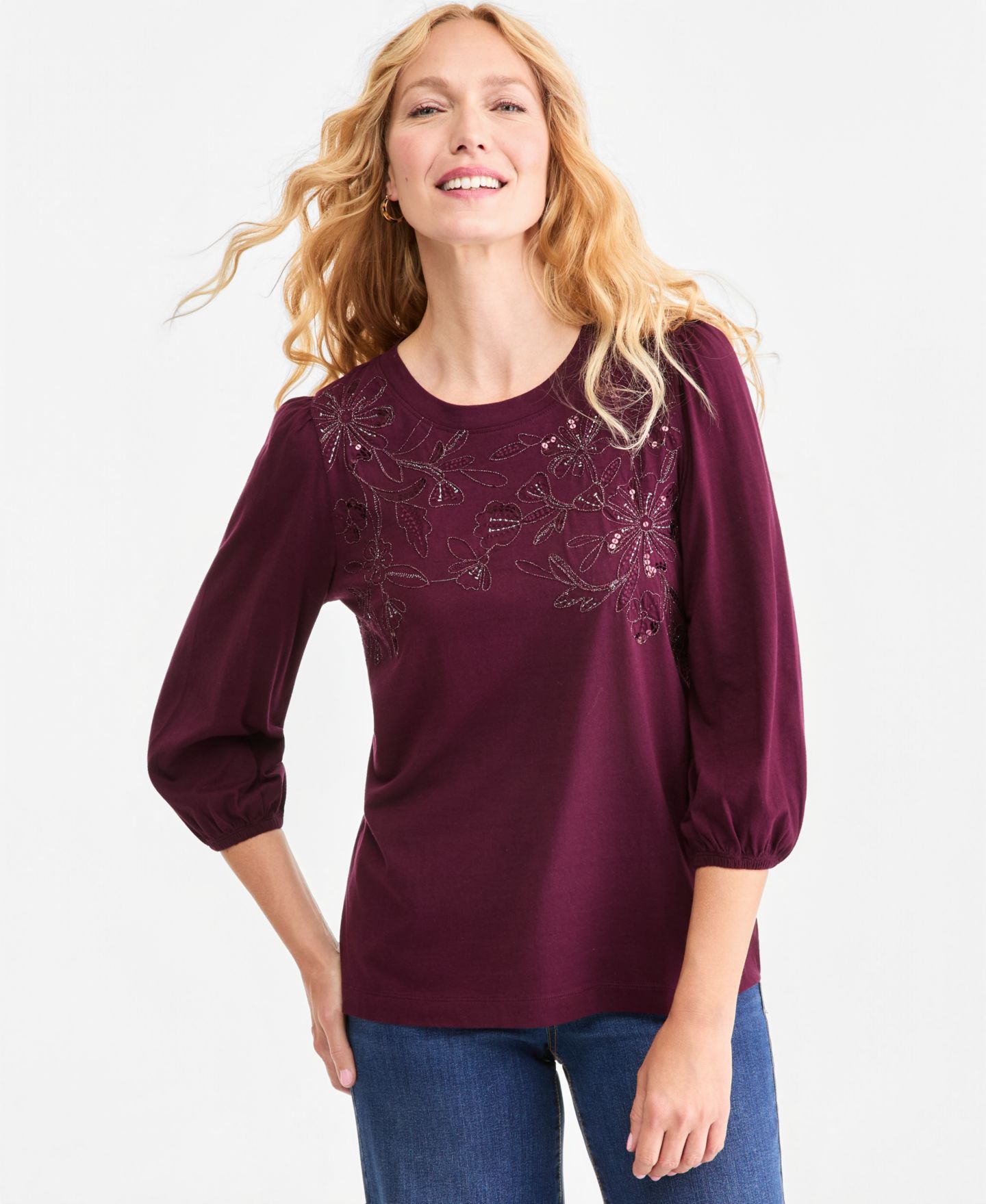 Женский топ Style & Co 3/4-Sleeve Shine Embroidery, цвет: Ягодный — фото 1