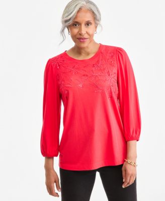 Petite Floral-Embellished 3/4-Sleeve Top