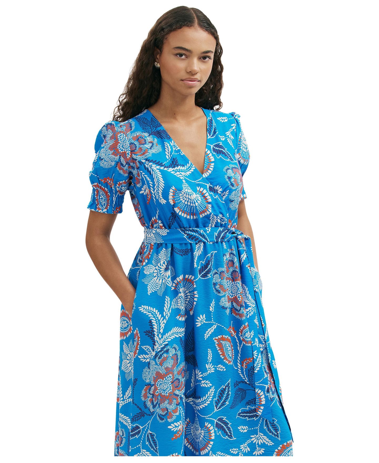 Женское платье Finery London Nicoleta Floral-Print Short-Sleeve Midi, цвет: Синий с принтом — фото 2