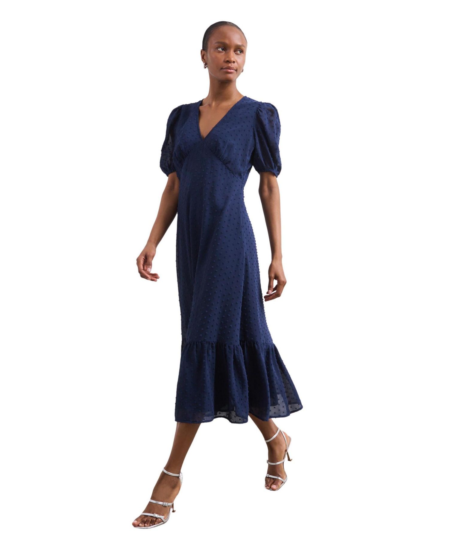 Women's Loretta Fit & Flare Empire Waist Puff-Sleeve V-Neck Georgette Midi Dress