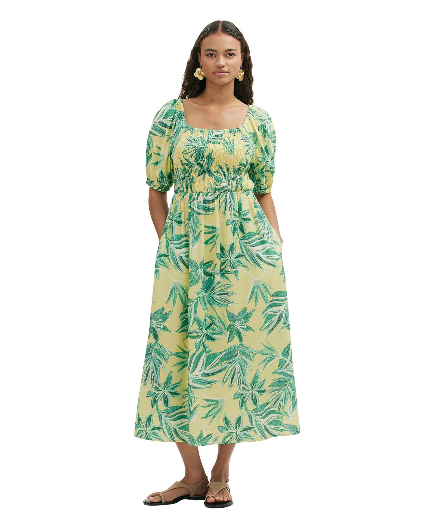 Women's Enzo Square Neck Floral-Print Short-Sleeve Midi Dress