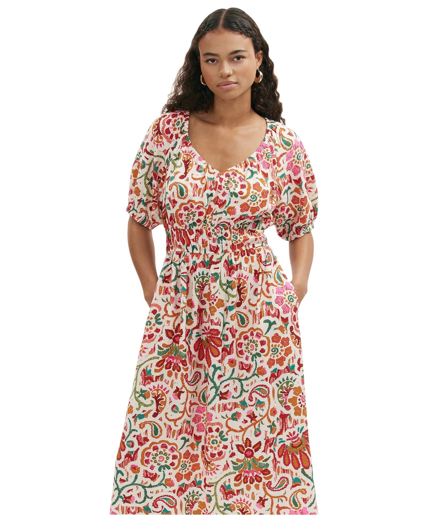 Women's Estee Floral-Print Short-Sleeve V-Neck Midi Dress