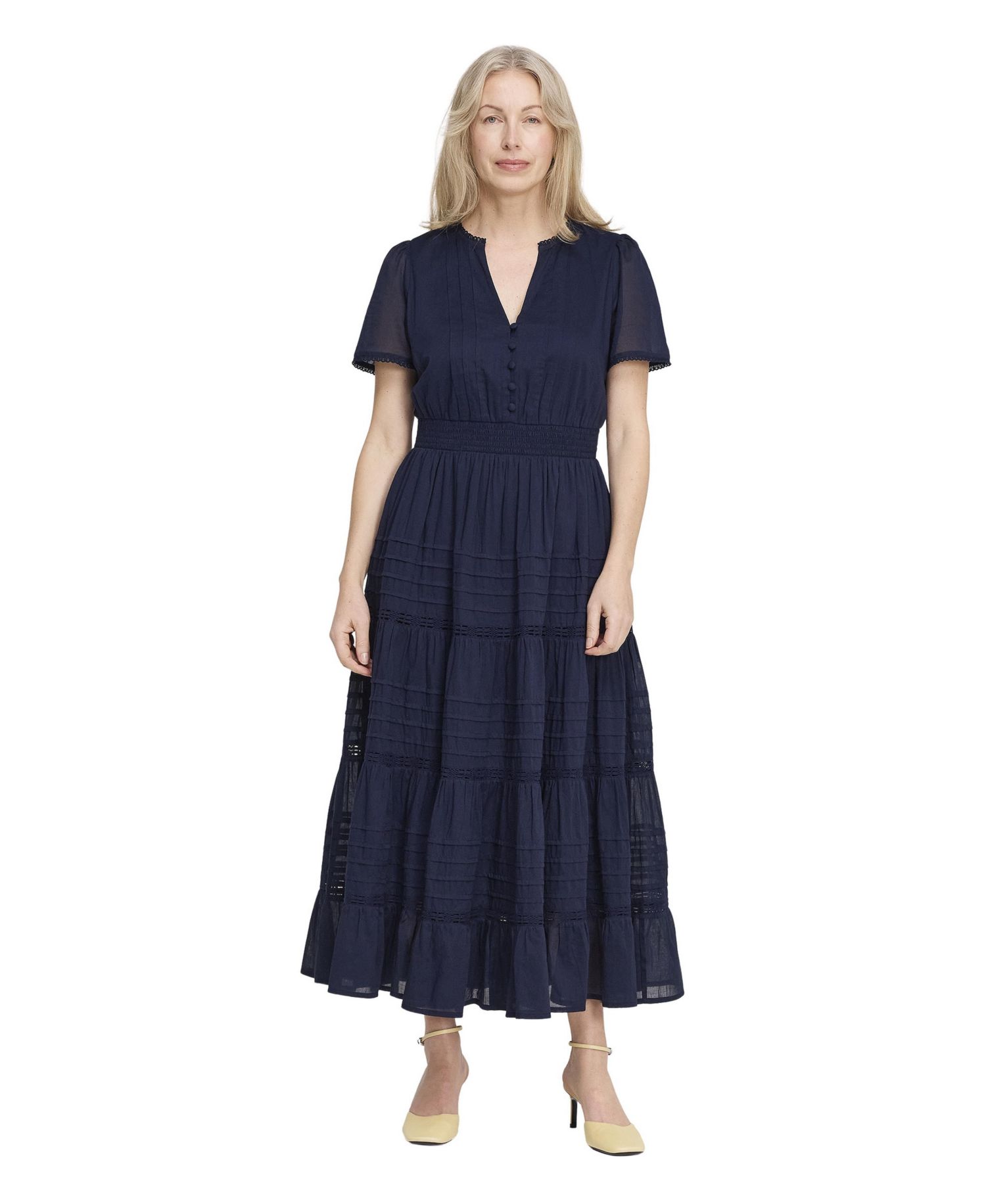Women's Juniper V-Neck Tiered Short-Sleeve Cotton Midi Dress
