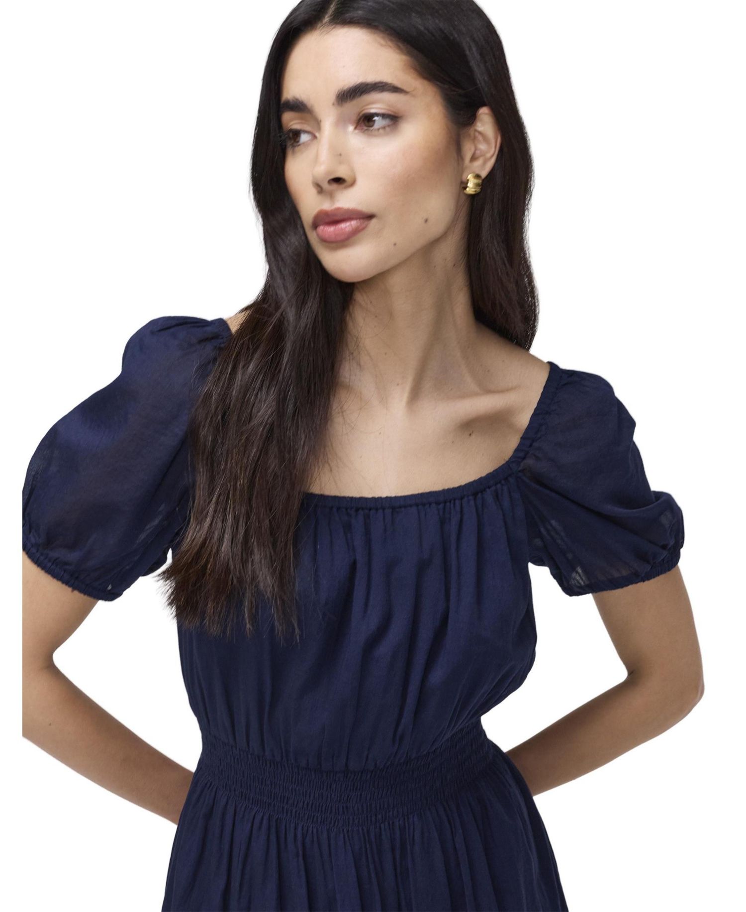 Women's Mandy Square-Neck Short-Sleeve Shirred-Waist Midi Dress