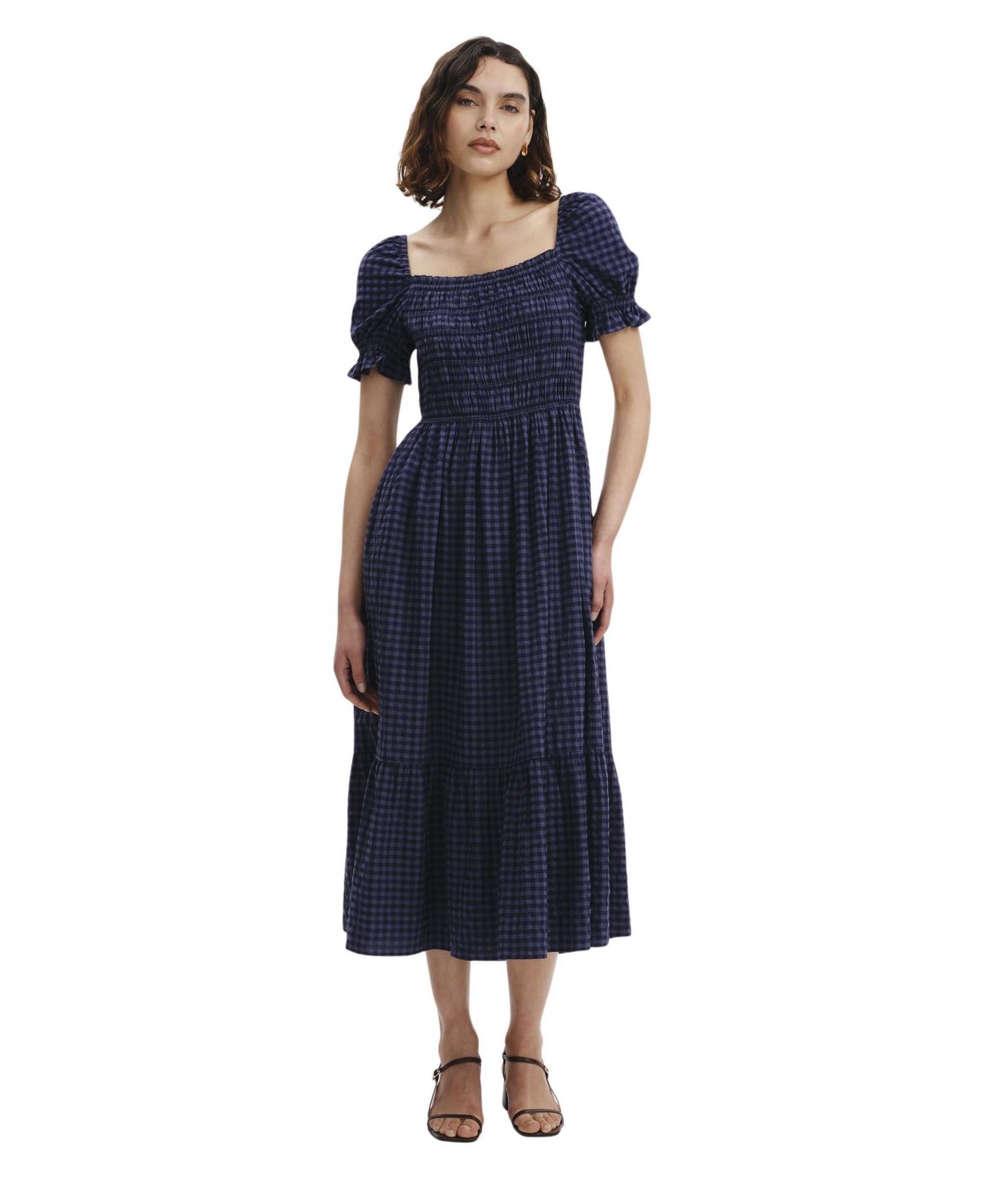 Women's Dawn Plaid Square Neck Midi Dress with Pockets