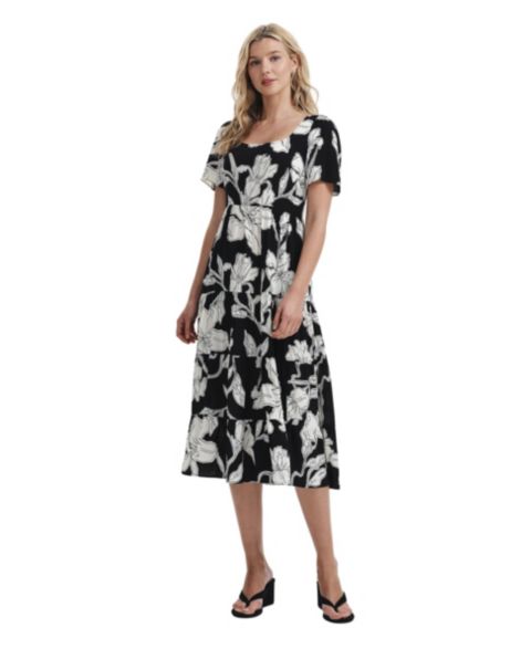 Женское платье Finery London Teresa Floral-Print Tiered Square-Neck Midi, цвет: Чёрный с принтом