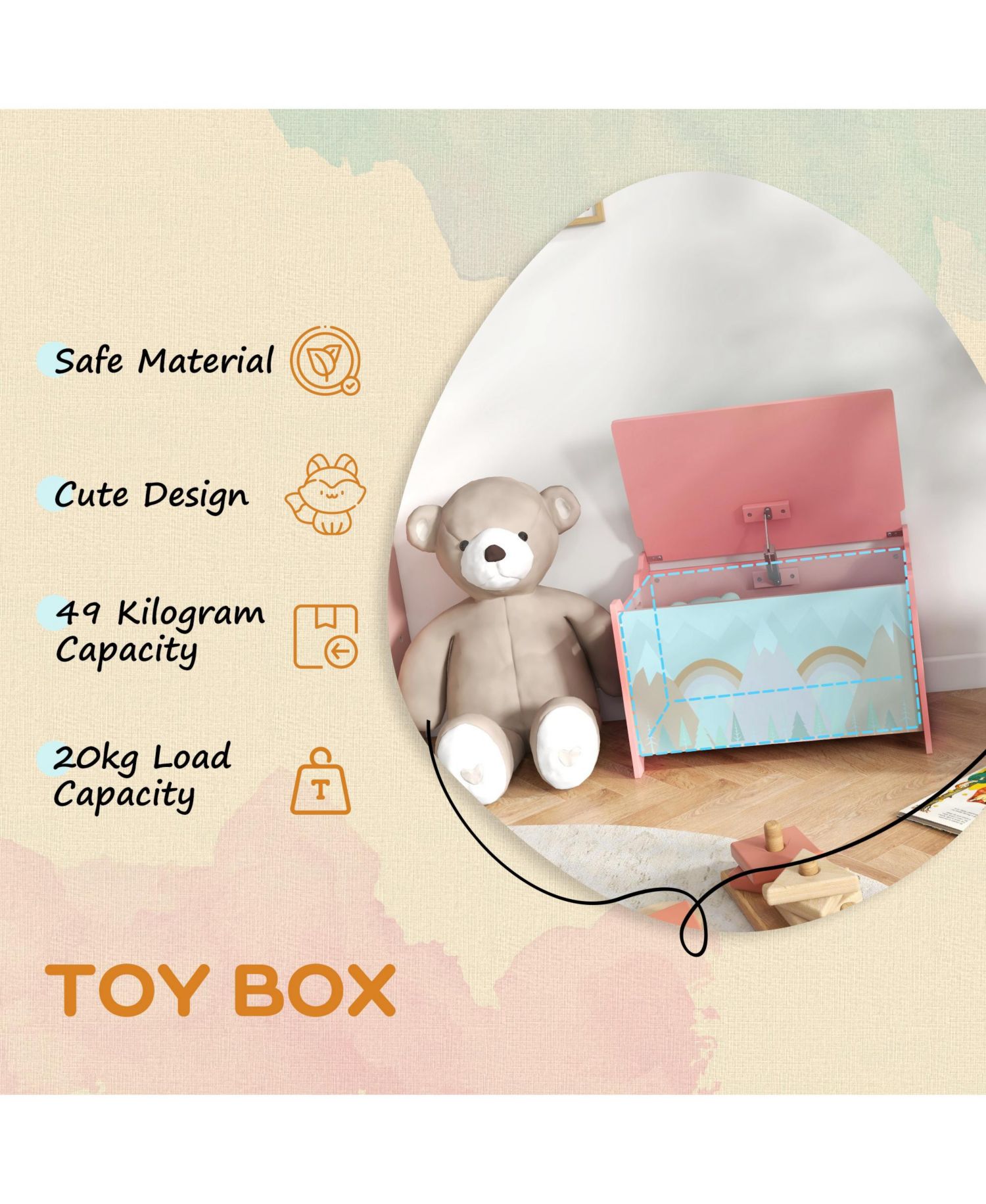 Toy Box with Lid and Kids Easel with Paper Roll, board board