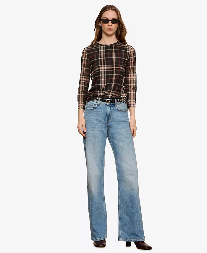 Women's Plaid Mesh 3/4 Sleeve Top - thumbnail 4