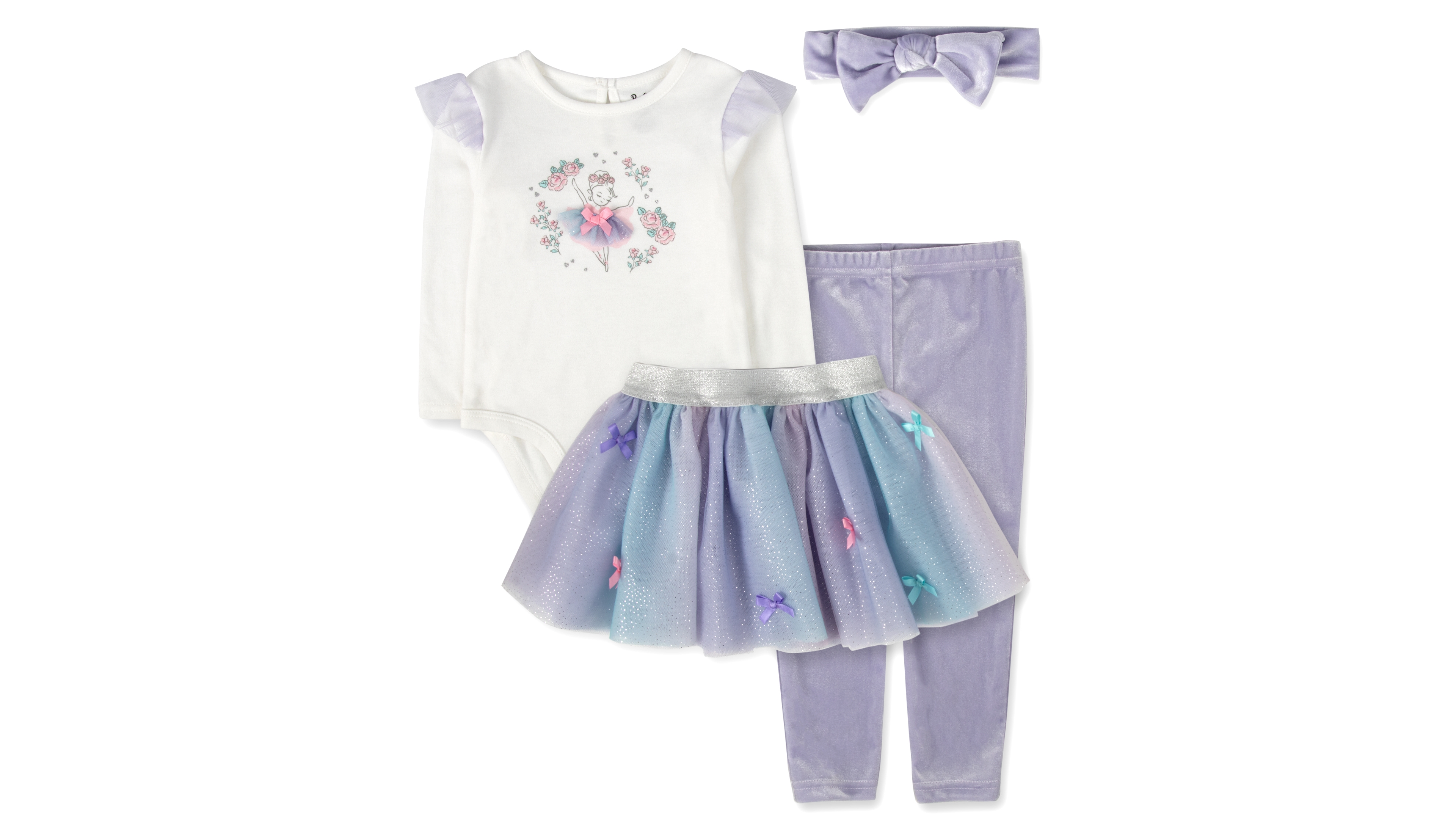 Baby Essentials Toddler Girls' 2T-5T Balletcore Bodysuit, Tutu Skirt, Leggings, and Headband, 4-Piece Set
