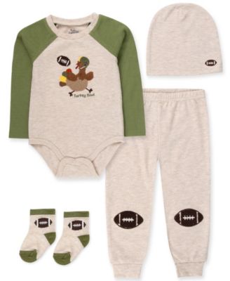 Baby Boys' Turkey Bowl Long-Sleeve Cotton-Blend Bodysuit, Pants, Hat and Socks, 4-Piece Set