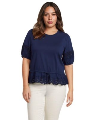 Plus Size Elbow Sleeve Slub Lace Trim Adjustable Hem Top
