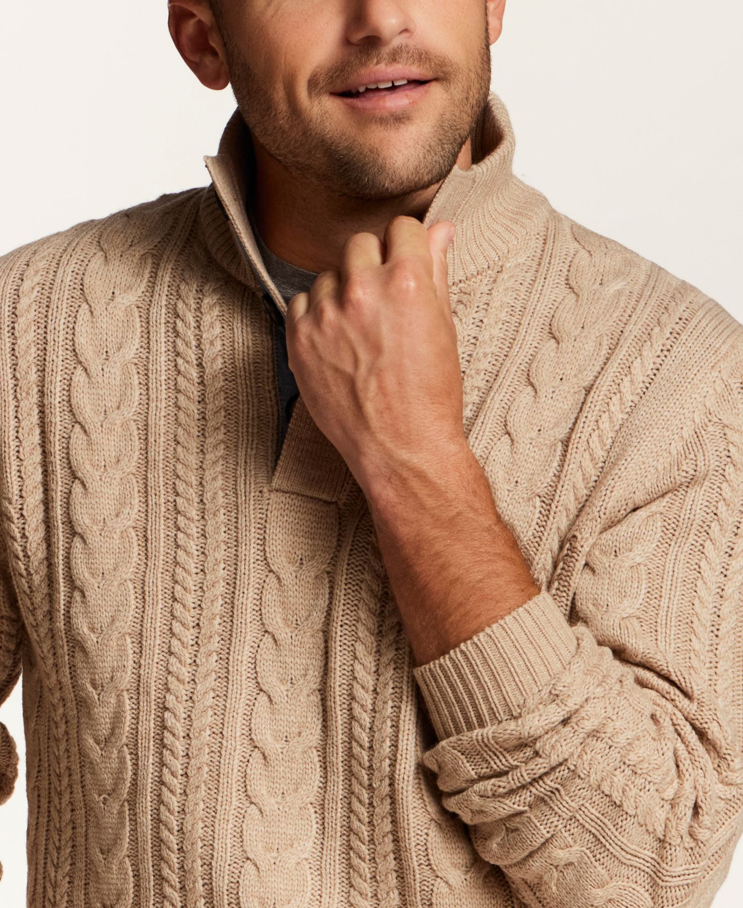 Men's Cable-Knit Mock-Neck Quarter-Button Sweater