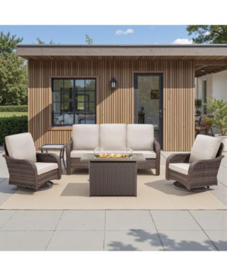 5 Pieces Patio Furniture Set, Outdoor Wicker Sofa Couch with Swivel Chairs Fire Pit Table, High Back All Weather Modern Conversation Sets