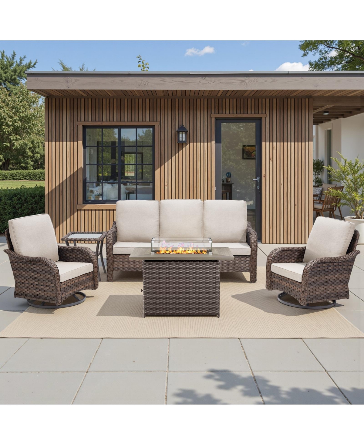 Pocassy 5 Pieces Patio Furniture Set, Outdoor Wicker Sofa Couch with Swivel Chairs Fire Pit Table, High Back All Weather Modern Conversation Sets
