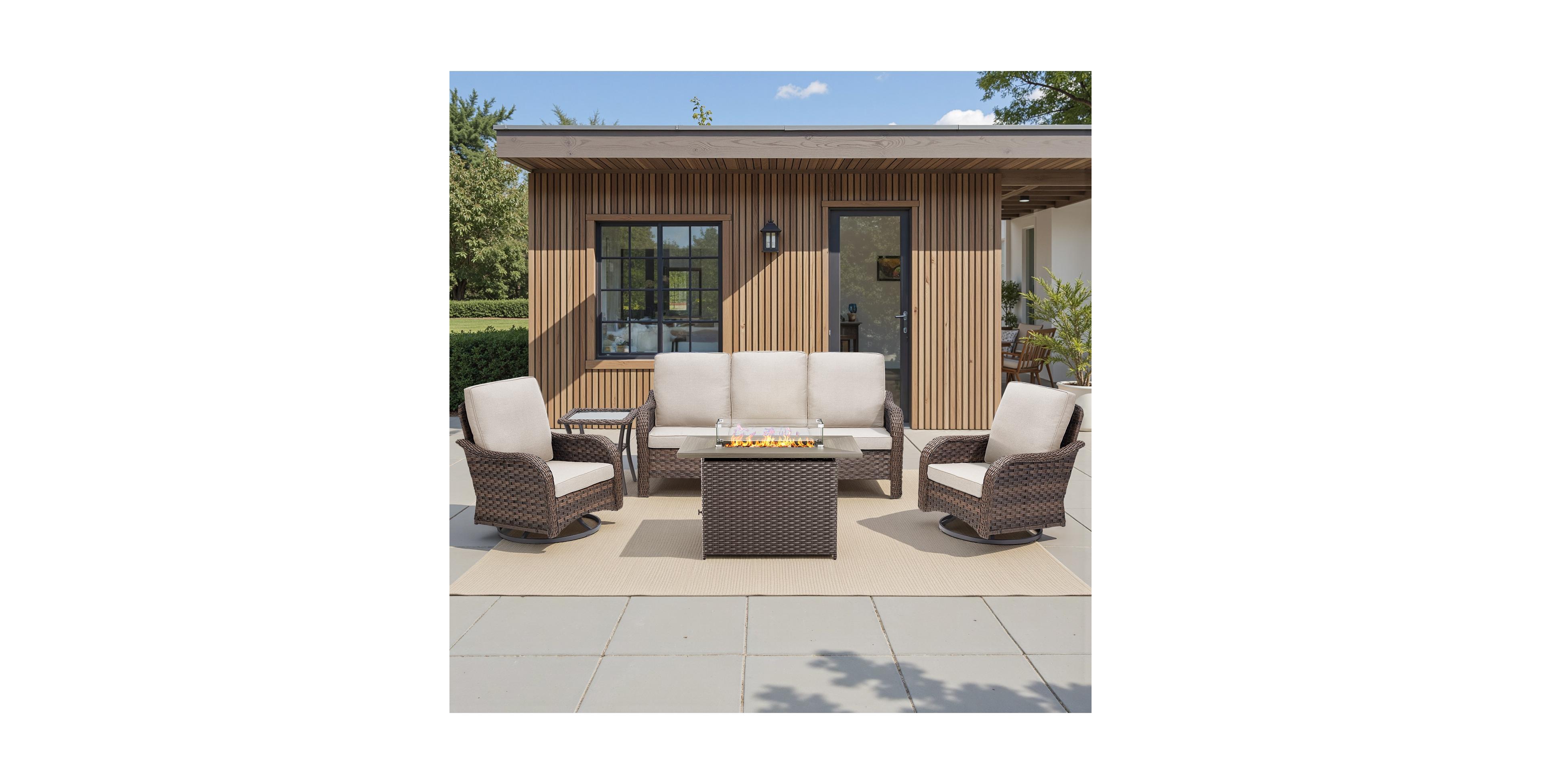 Pocassy 5 Pieces Patio Furniture Set, Outdoor Wicker Sofa Couch with Swivel Chairs Fire Pit Table, High Back All Weather Modern Conversation Sets