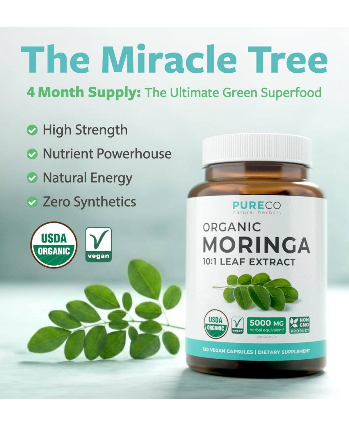 Pure Co Moringa Leaf Supplement, High Potency Moringa Leaf Extract, Non-gmo, 120 Capsules