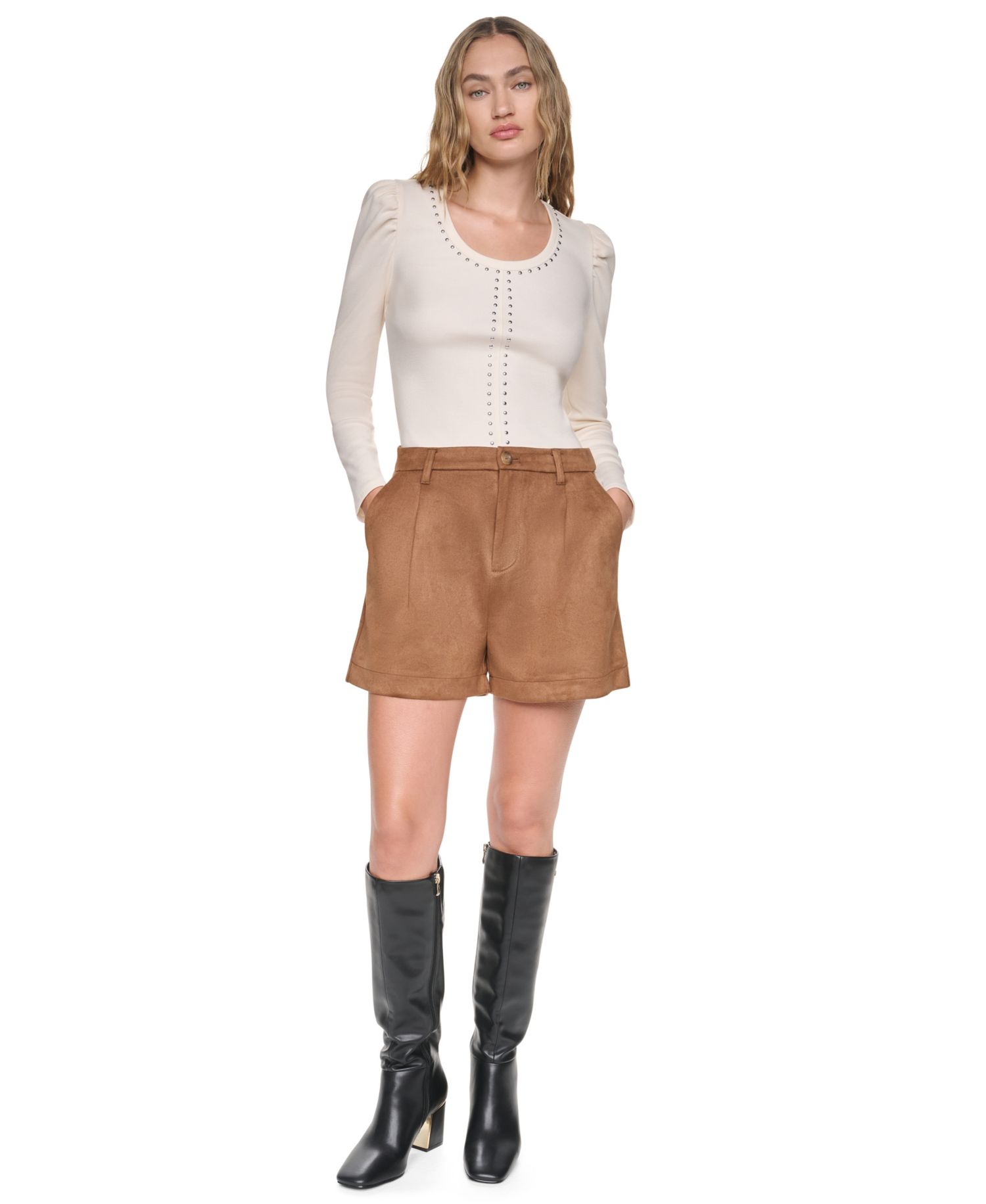 Women's High-Waisted Wide-Leg Faux Suede Shorts, 3" Inseam
