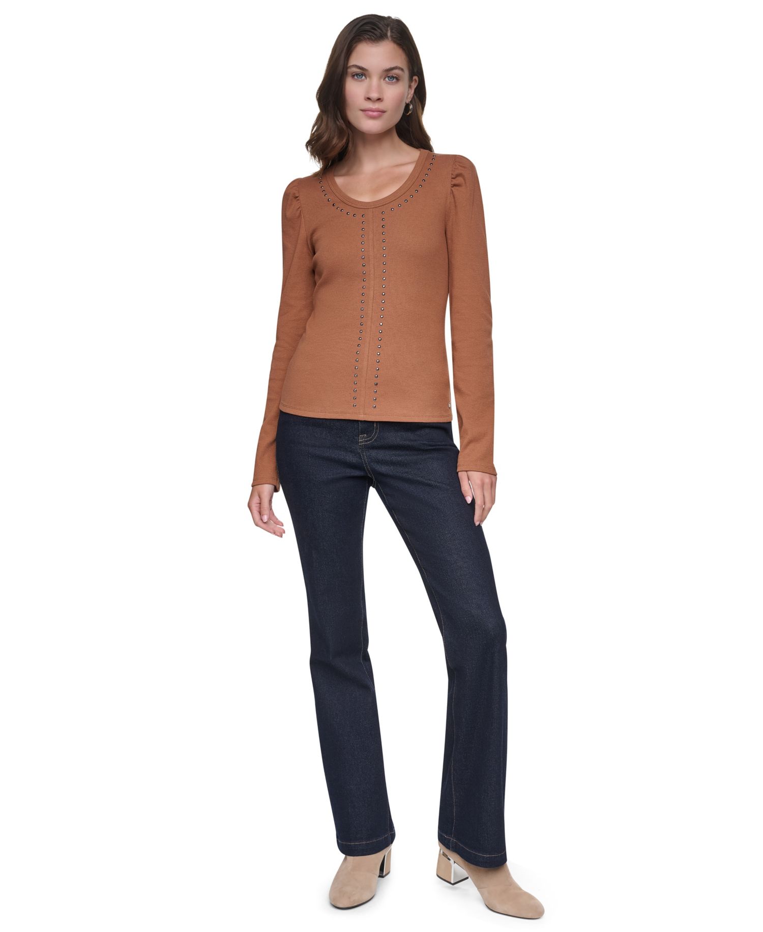 Women's Scoop Neck Long-Puff Sleeve Rhinestud Cotton-Blend Top