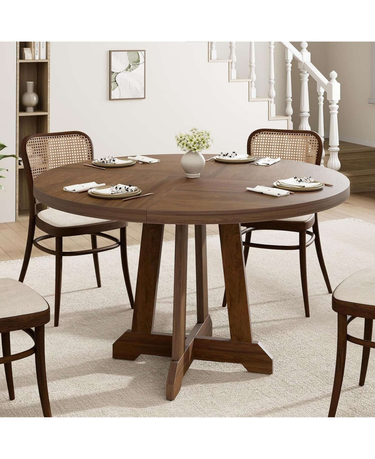 gaomon 47" Round Dining Table for 4, Wood Top with Cross Base