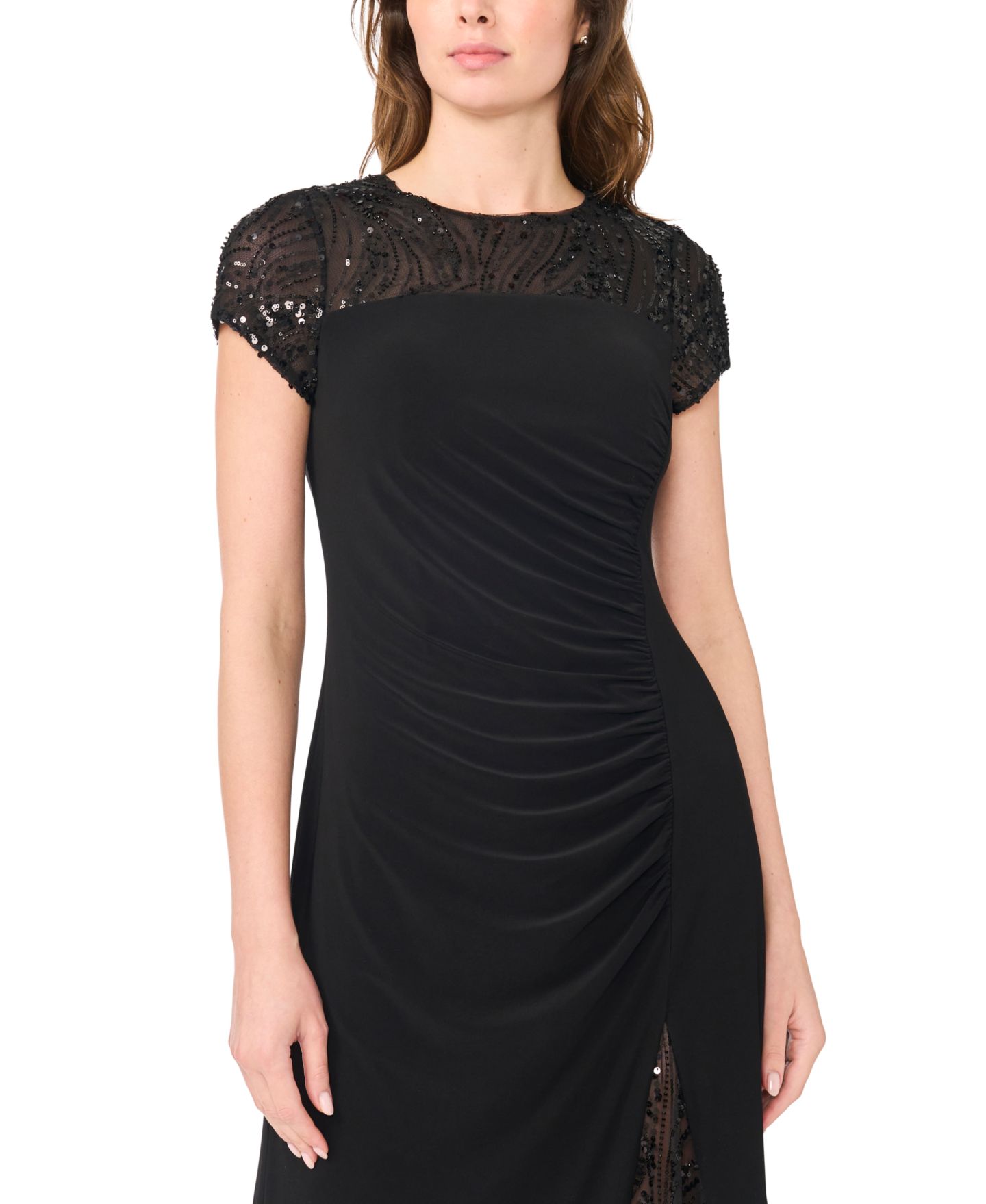 Женское платье MSK Slit Illusion Sequin-Lace Ruched Maxi, цвет: Насыщенный чёрный — фото 3