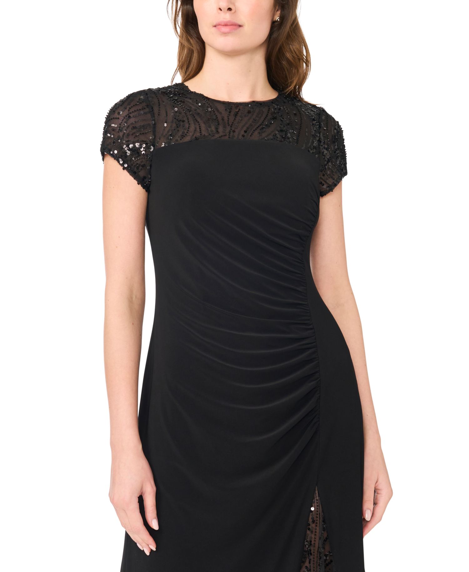 Women's Slit Illusion Sequin-Lace Ruched Maxi Dress