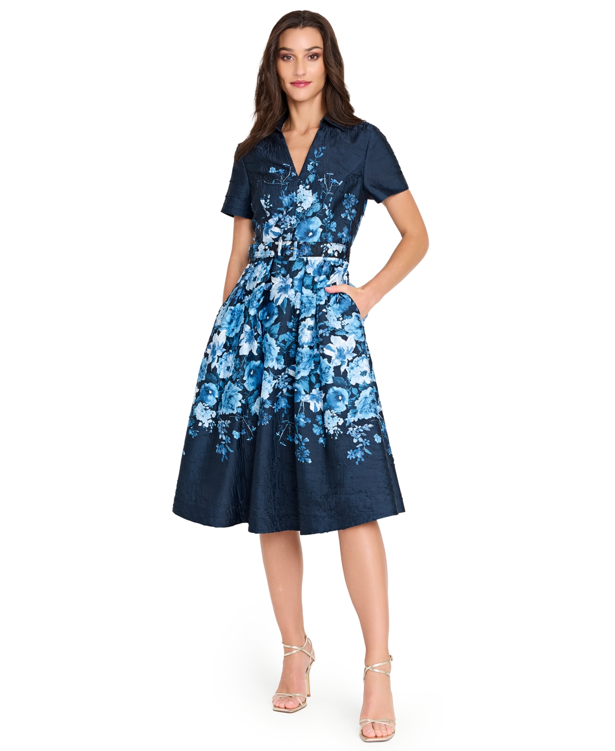 Tahari Asl Women's Belted Floral-Print V-Neck Midi Dress