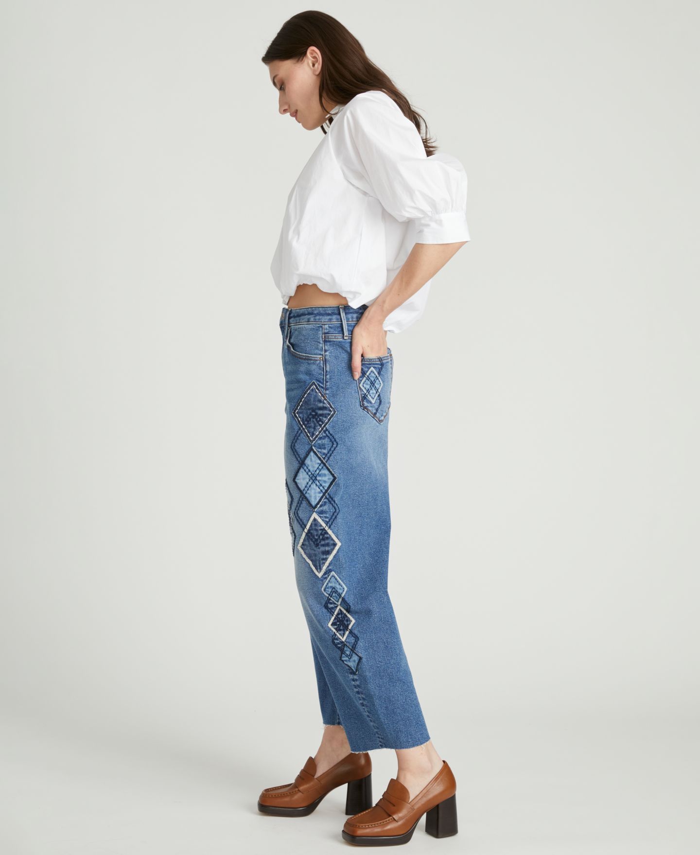 Женские джинсы Driftwood Parker Barrel High-Waisted Argyle Patchwork, цвет: Средняя варка — фото 3