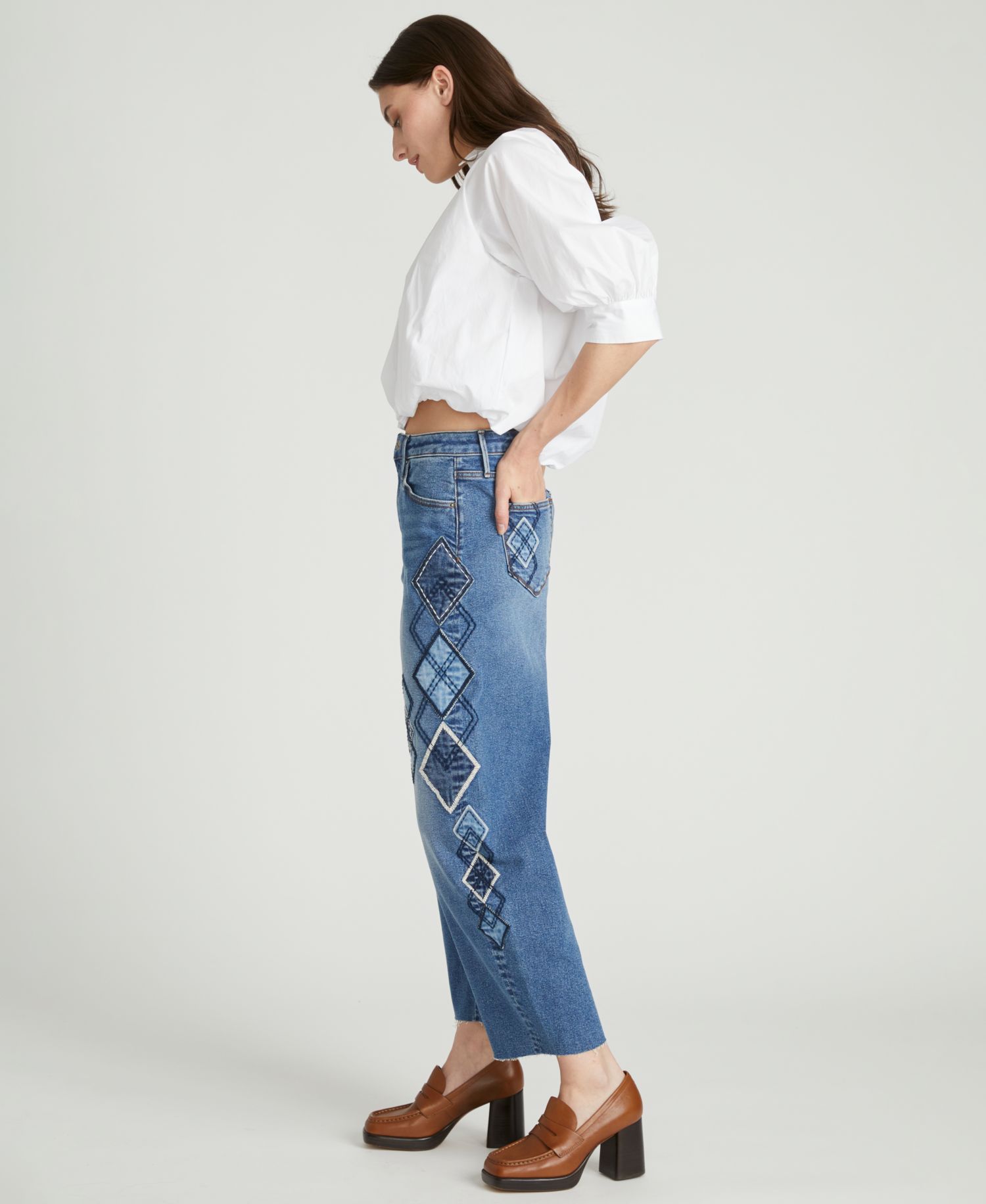 Women's Parker Barrel High-Waisted Argyle Patchwork Jeans