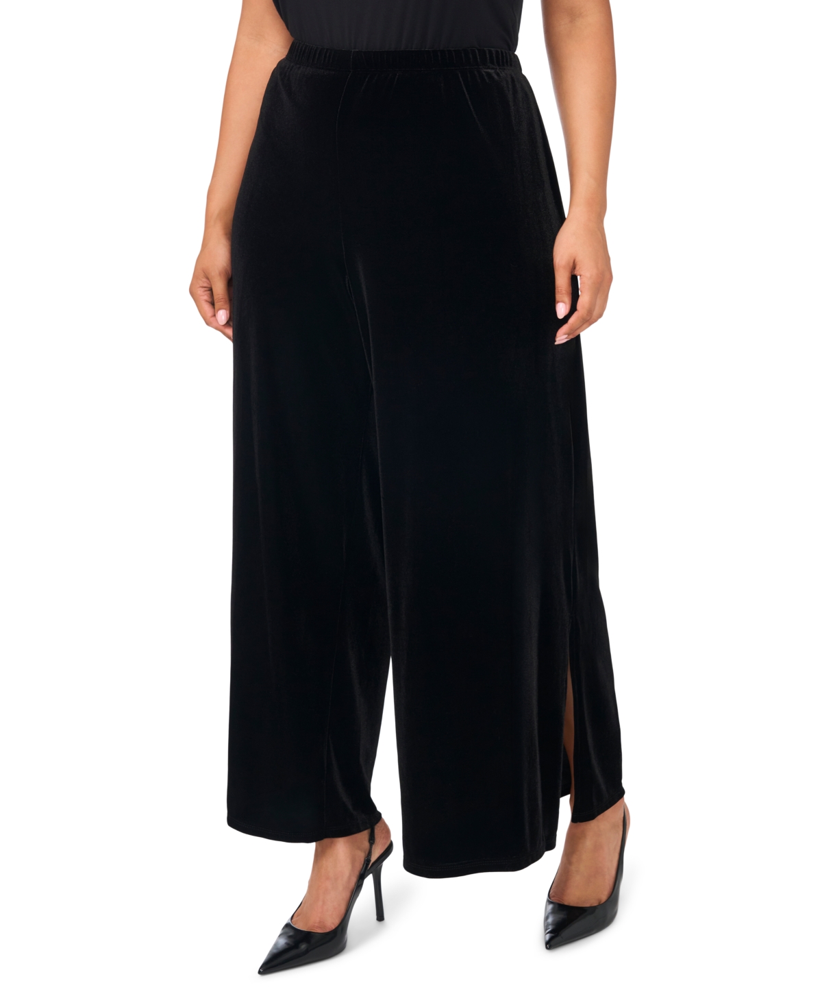 Msk Plus Size Velvet Wide-leg Side-slit Pants In Rich Black