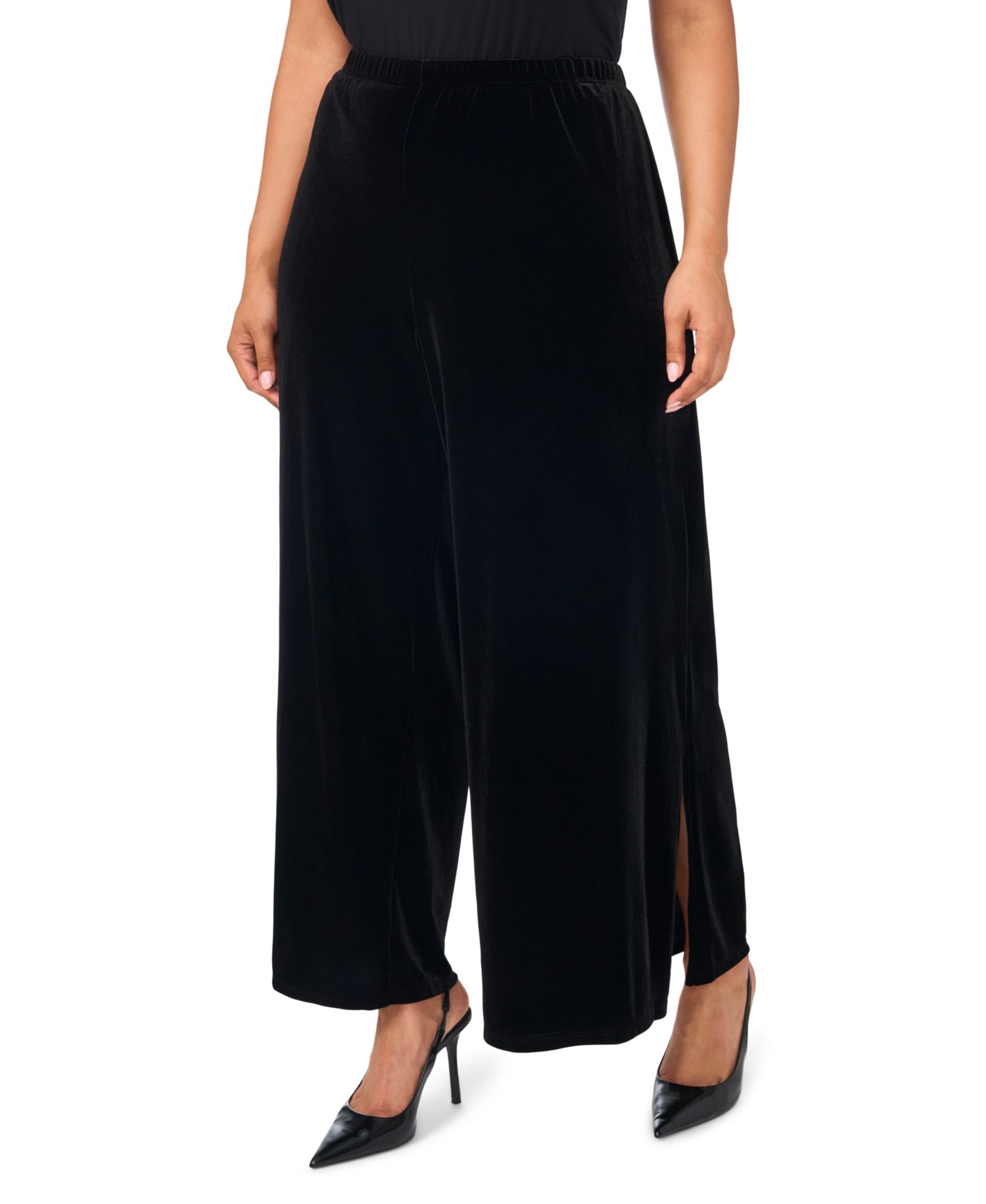 Plus Size Velvet Wide-Leg Side-Slit Pants